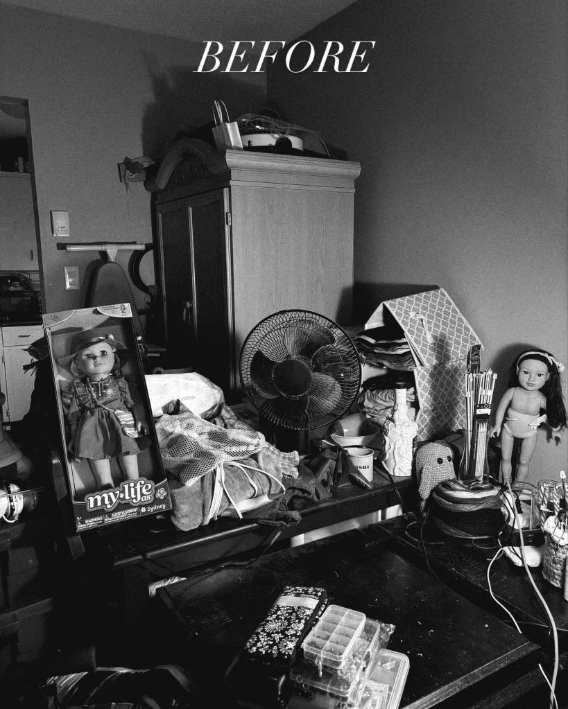 Black and white photograph of my craft area in complete dissary.